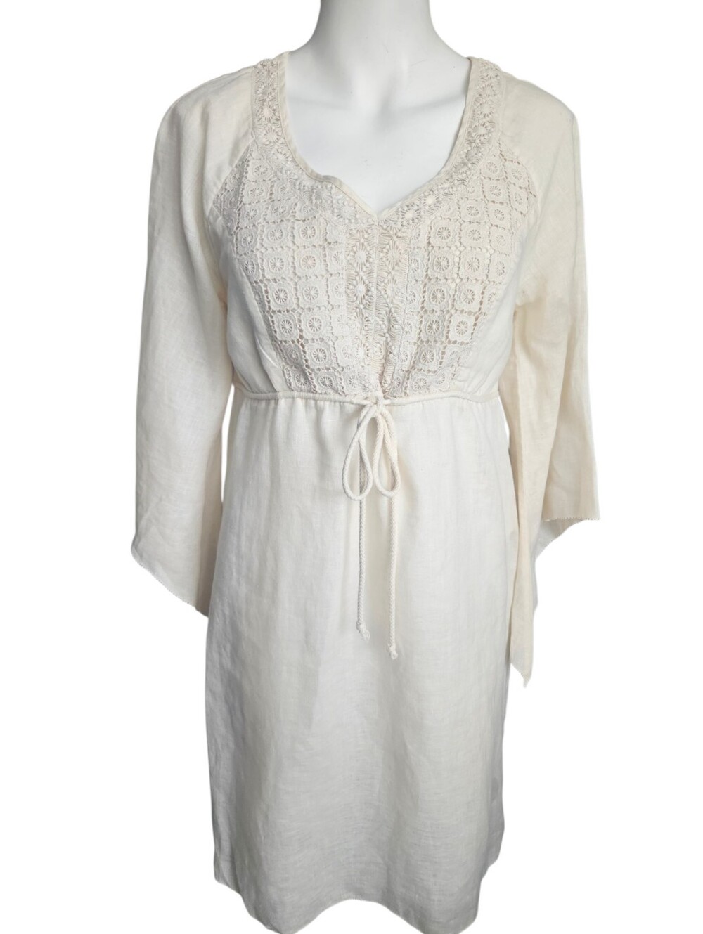 British India Traveller Crochet Linen Tunic Coverup Dress Sz S/M Boho‎ Coastal